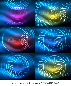 Set of glowing neon techno shapes, abstract background collection. Vector futuristic magic space wallpapers, shiny light effects templates for web banner, business or technology presentation