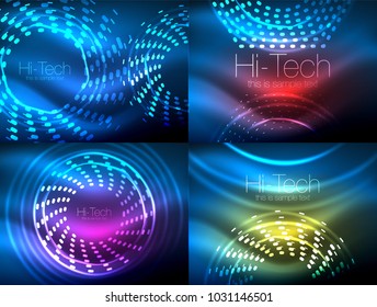 Set of glowing neon techno shapes, abstract background collection. Vector futuristic magic space wallpapers, shiny light effects templates for web banner, business or technology presentation