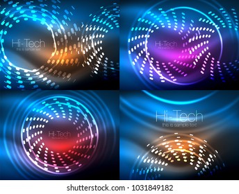 Set of glowing neon techno shapes, abstract background collection. Vector futuristic magic space wallpapers, shiny light effects templates for web banner, business or technology presentation