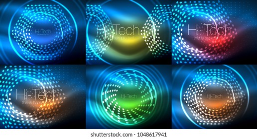 Conjunto de formas tecno de neón brillante, colección de fondo abstracta. Papeles vectores futuristas de espacio mágico, plantillas de efectos luminosos brillantes para banner web, presentación de negocios o tecnología