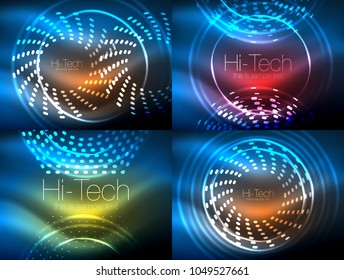Set von leuchtenden neonischen Techno-Formen, abstrakte Hintergrundkollektion. Vektorfuturistische Magie-Weltraum-Wallpaper, glänzende Lichteffekte-Vorlagen für Webbanner, Business- oder Technologiepräsentationen