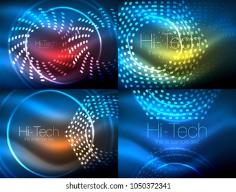 Set of glowing neon techno shapes, abstract background collection. Vector futuristic magic space wallpapers, shiny light effects templates for web banner, business or technology presentation