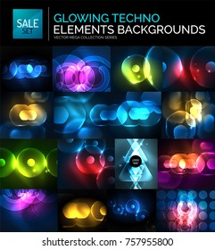 Set of glowing neon techno shapes, abstract background collection. Vector futuristic magic space wallpapers