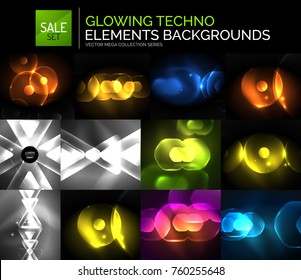 Set of glowing neon techno shapes, abstract background collection. Vector futuristic magic space wallpapers