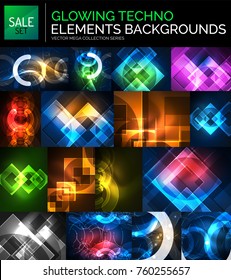 Set of glowing neon techno shapes, abstract background collection. Vector futuristic magic space wallpapers