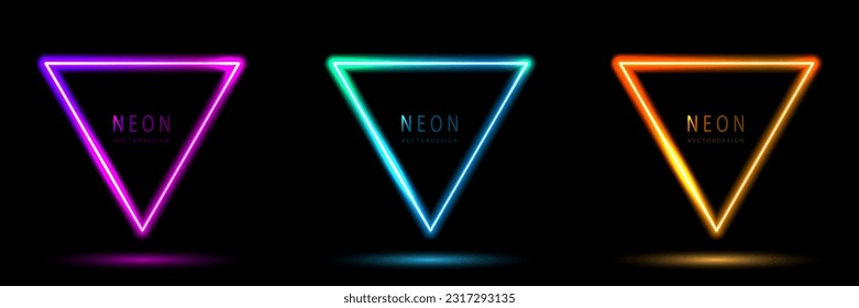 Set of glowing neon triangle lighting lines pink-purple, blue-green, orange-yellow, blue-green illuminate hexagon frame design. collection of glowing neon lighting on dark background with copy space.  - Shutterstock ID 2317293135
