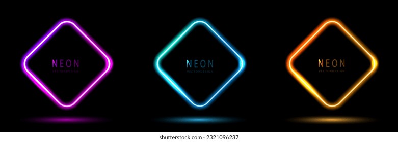 Set of glowing neon triangle lighting lines pink-purple, blue-green, orange-yellow, illuminate diamond frame design. collection of glowing neon lighting on dark background with copy space. 