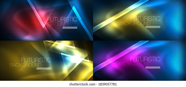Set of glowing neon triangles designs, geometric abstract backgrounds. Vector illustrations for covers, banners, flyers and posters and other