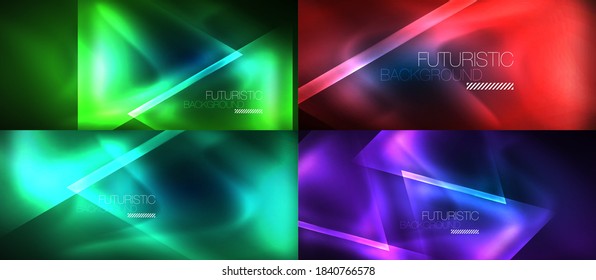 Conjunto de diseños de triángulos de neón brillantes, fondos abstractos geométricos. Ilustraciones vectoriales para portadas, pancartas, volantes y carteles y otros