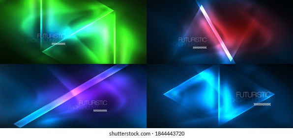 Set of glowing neon triangles designs, geometric abstract backgrounds. Vector illustrations for covers, banners, flyers and posters and other