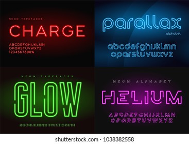 Set of glowing neon vector typefaces, alphabets, letters, fonts, typography. Global swatches.