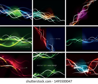 Conjunto de líneas de onda de neón brillantes que fluyen por el fondo del movimiento. Energía ondulada en color negro, diseño fractal. Ilustración mágica de vectores