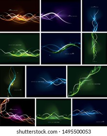 Set of glowing neon wave lines flowing motion background. Wave energy in black color, fractal design. Vector magic illustration