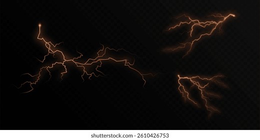 Set of glowing orange lightning bolts with electric arcs and soft glow on transparent background. Perfect for energy effects, sci-fi visuals, digital animation, and UI design elements.

