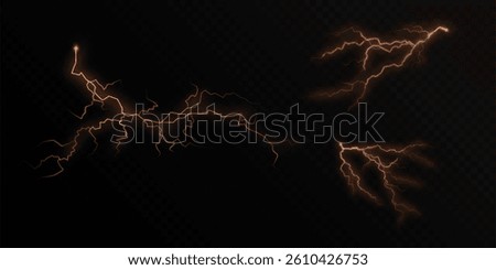 Set of glowing orange lightning bolts with electric arcs and soft glow on transparent background. Perfect for energy effects, sci-fi visuals, digital animation, and UI design elements.

