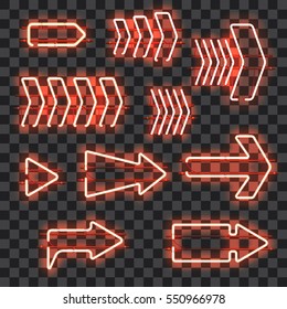 Set of glowing orange neon arrows isolated on transparent background. Shining and glowing neon effect. Every arrow is separate unit with wires, tubes, brackets and holders. Vector illustration.