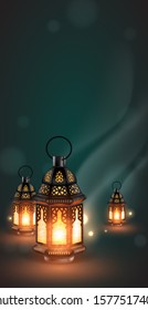 Set of glowing oriental lamps on the background with highlights. 3D vector. High detailed realistic illustration