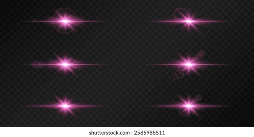 Set of glowing pink lens flares on a dark transparent background. Radiating light bursts with horizontal beams create a bright, futuristic effect. Sci-fi, digital effects, abstract design themes
