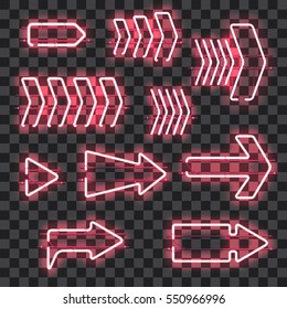 Set of glowing pink neon arrows isolated on transparent background. Shining and glowing neon effect. Every arrow is separate unit with wires, tubes, brackets and holders. Vector illustration.