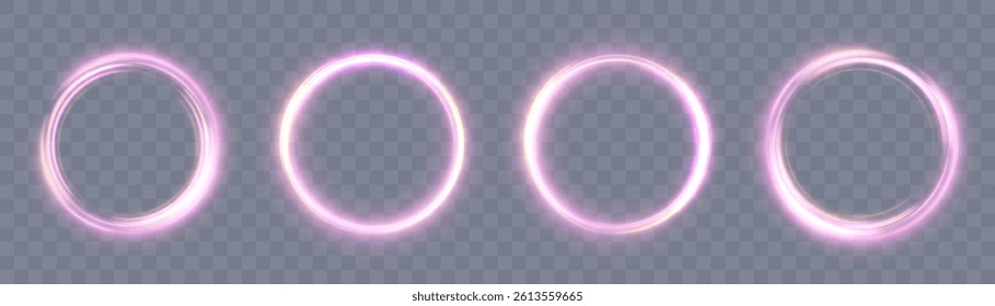 Set of glowing pink neon rings with smooth motion blur and transparency. Vector for sci-fi portals, futuristic user interface, energy loops or magical visual transitions in digital compositions.