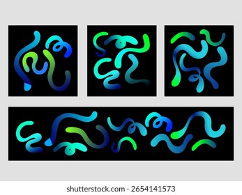 Set of Glowing pipes vector illustration. Neon gradient colour design for layout. Green and blue ombre. Glow in the dark