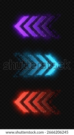 Set of glowing purple, blue and red motion arrows with particle trajectories on transparent background. For game interface, racing effects, digital design and visual effects in sci-fi theme.