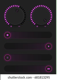 Set of glowing purple buttons and sliders. Neon style. Control user interface. Rubber and metal switches. Adding and decreasing the sound parameters. Vector illustration