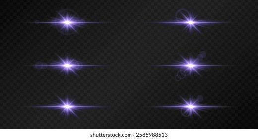 Set of glowing purple lens flares on a dark transparent background. Radiating light bursts with horizontal beams create a bright, futuristic effect. Sci-fi, digital effects, abstract design themes