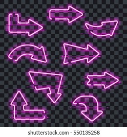 Set of glowing purple neon arrows isolated on transparent background. Shining and glowing neon effect. Every arrow is separate unit with wires, tubes, brackets and holders. Vector illustration.