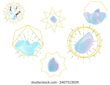 Juego de brillantes cristales de cuarzo en un marco dorado de fondo blanco