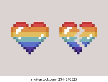 A set of glowing rainbow pixel hearts, one is broken, simplified symbols of LGBTQ+ movement and human rights