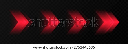 Set of glowing red arrows PNG. Dynamic glowing arrows showing speed and motion. Neon arrows PNG.
