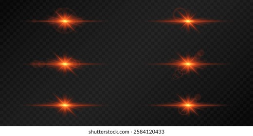 Set of glowing red lens flares on a dark transparent background. Radiating light bursts with horizontal beams create a bright, futuristic effect. Sci-fi, digital effects, abstract design themes