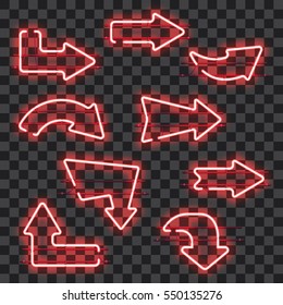 Set of glowing red neon arrows isolated on transparent background. Shining and glowing neon effect. Every arrow is separate unit with wires, tubes, brackets and holders. Vector illustration.