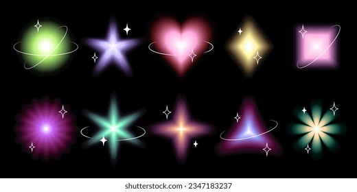 Set of glowing retro shapes, retro 2000s graphics, vector blurred signs and symbols, graphic design decorations.