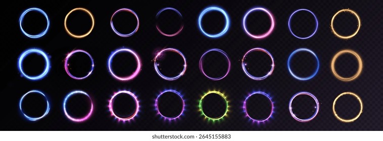 Set of glowing ring elements with various glow effects. Vector light effect for interfaces, game design, and illustrations. HUD.