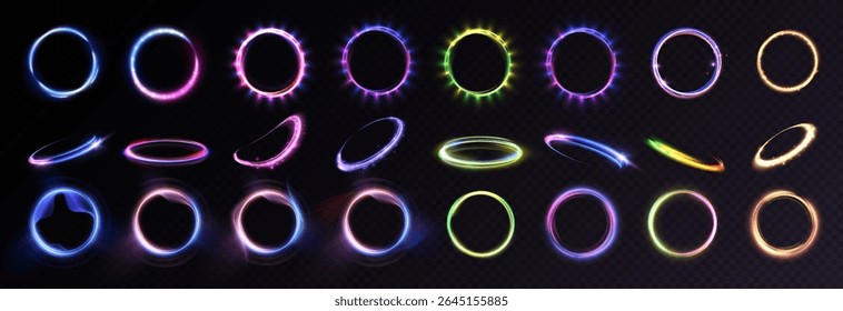 Set of glowing ring elements with various glow effects. Vector light effect for interfaces, game design, and illustrations. HUD.