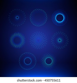 Set of glowing science and technology elements on blue background 1