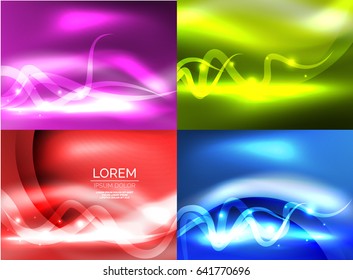Set of glowing shiny wave backgrounds, vector energy concept illustrations