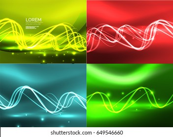 Set of glowing shiny wave backgrounds, vector energy concept illustrations