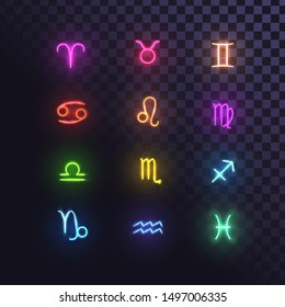 Set of glowing signs of the zodiac, astrology, esotericism, prediction of the future.