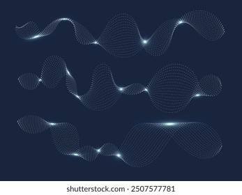 Conjunto de ondas sonoras brillantes, Formas de fluido abstracto, figuras líquidas punteadas. Ecualizador digital. Ilustración vectorial