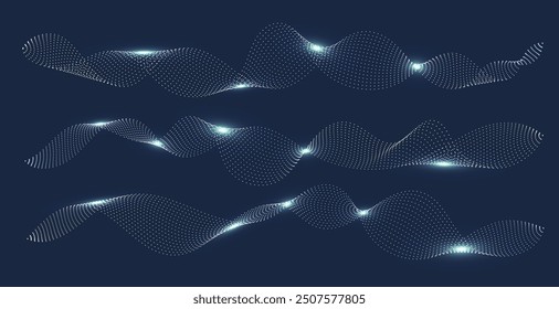 Conjunto de ondas sonoras brillantes, Formas de fluido abstracto, figuras líquidas punteadas. Ecualizador digital. Ilustración vectorial