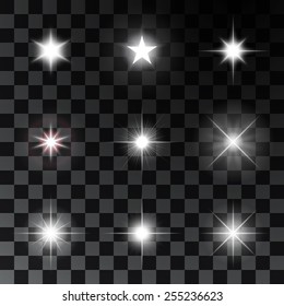 Set of glowing and sparkling stars. Vector illustration