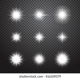 Set of glowing special lights effects isolated on transparent background. Sun rays, stars and sparkles vector design elements collection