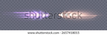 Set of glowing speed arrows with motion blur on transparent background. Bright direction arrows for racing, transport, acceleration effects and acceleration visual effects design.