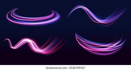 Set of glowing speed spirals on dark background for your neon design. Abstract vector fire circles, sparkling swirls and energy light spiral frames.	