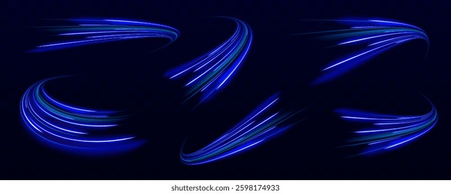 Set of glowing speed spirals on dark background for your neon design. Abstract vector fire circles, sparkling swirls and energy light spiral frames.