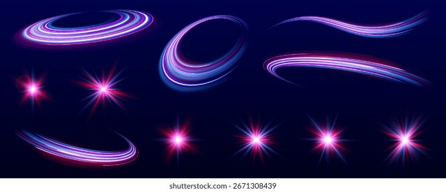 Set of glowing speed spirals on dark background for your neon design. Sun flash with rays neon spotlight and bokeh. Futuristic neon light effect. Speed of light concept background.