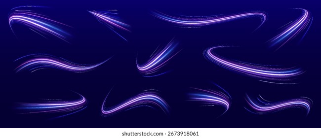 Conjunto de espirales de velocidad brillante sobre fondo oscuro para su diseño de neón. Círculos de fuego de Vector Abstractas, remolinos brillantes y marcos de espiral de luz de energía.	